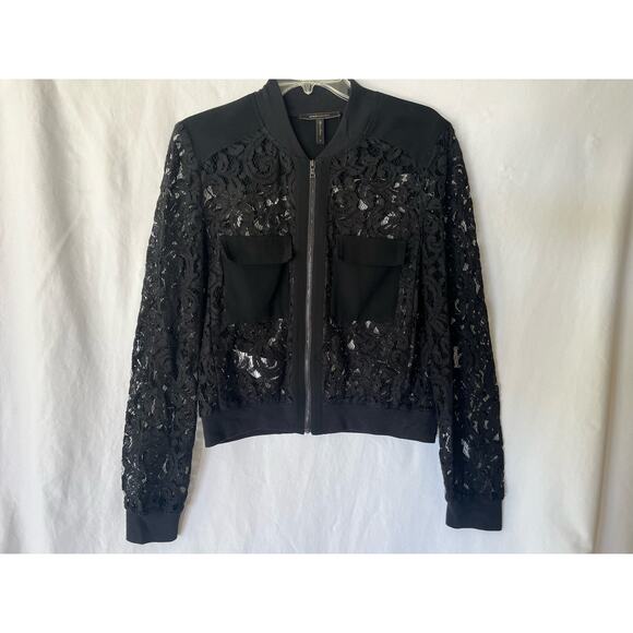 BCBGMAXAZRIA Women's Black Lace Bomber Jacket Size M Long Sleeve Zip Front - Picture 1 of 9
